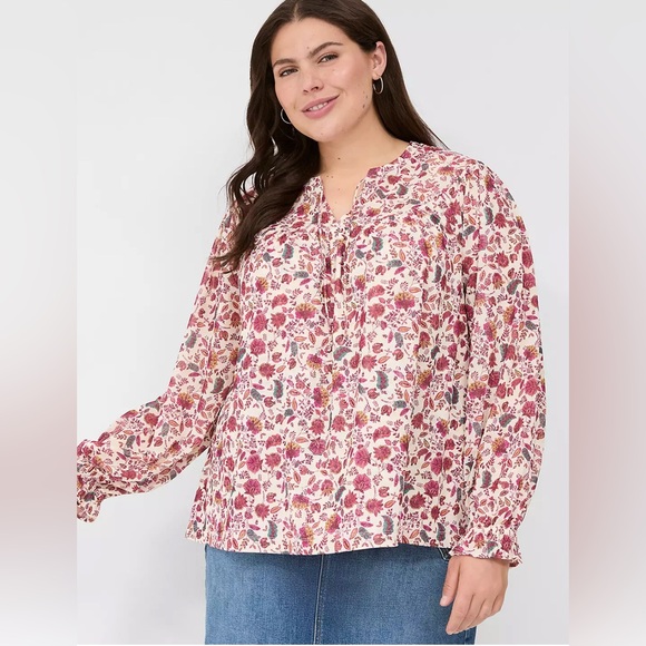 NWT LANE BRYANT Burgundy + Cream Floral Long Sleeve Mesh Swing Top Blouse 4x - Picture 1 of 10